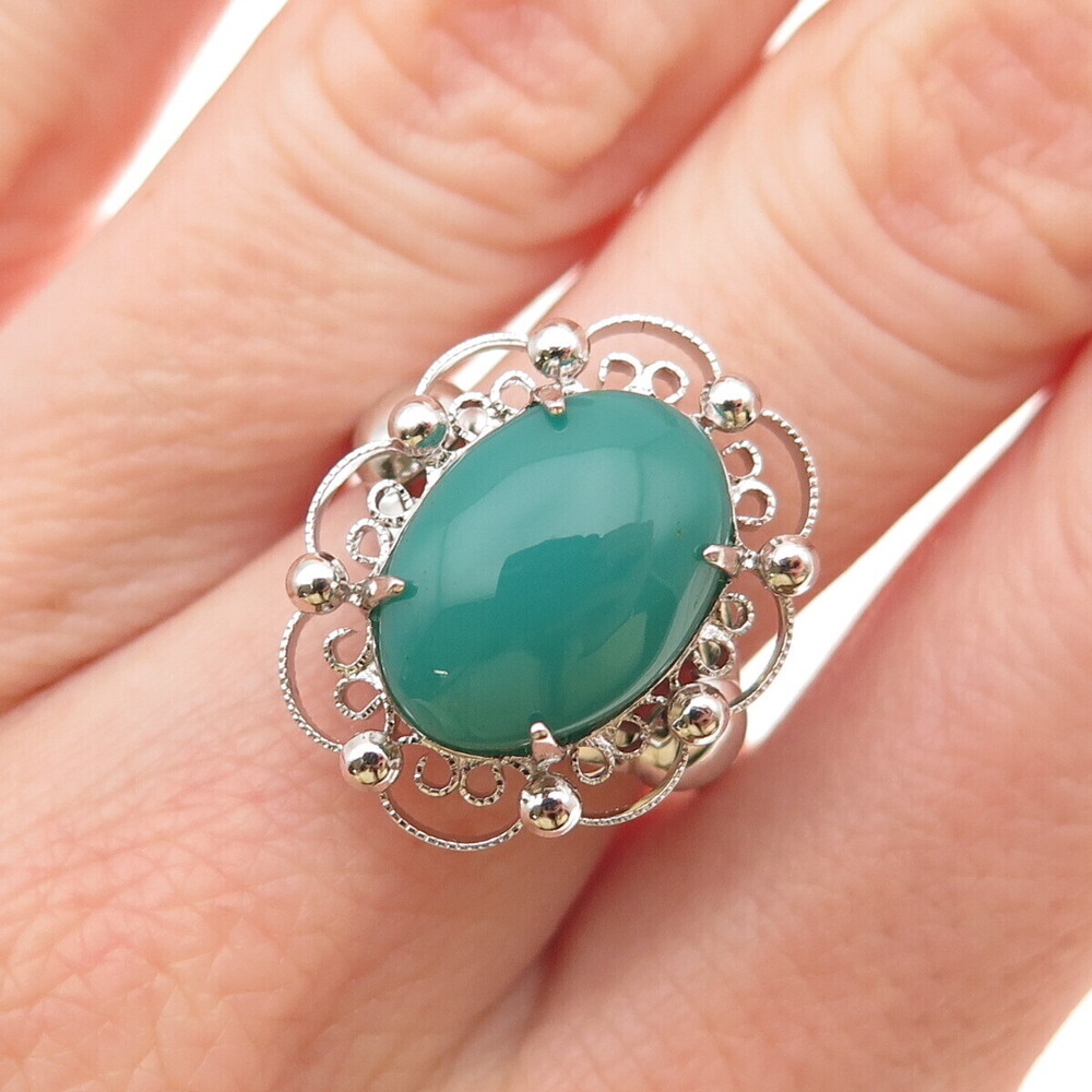 Sorrento 925 Sterling Silver Vintage Real Green Onyx Floral Ring Size 7.5